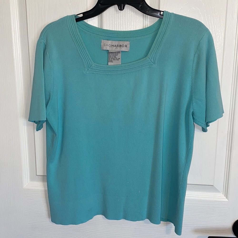 Ladies Sweater Top, Green Square neck, Rayon & Nylon, GUC gently worn Size XL